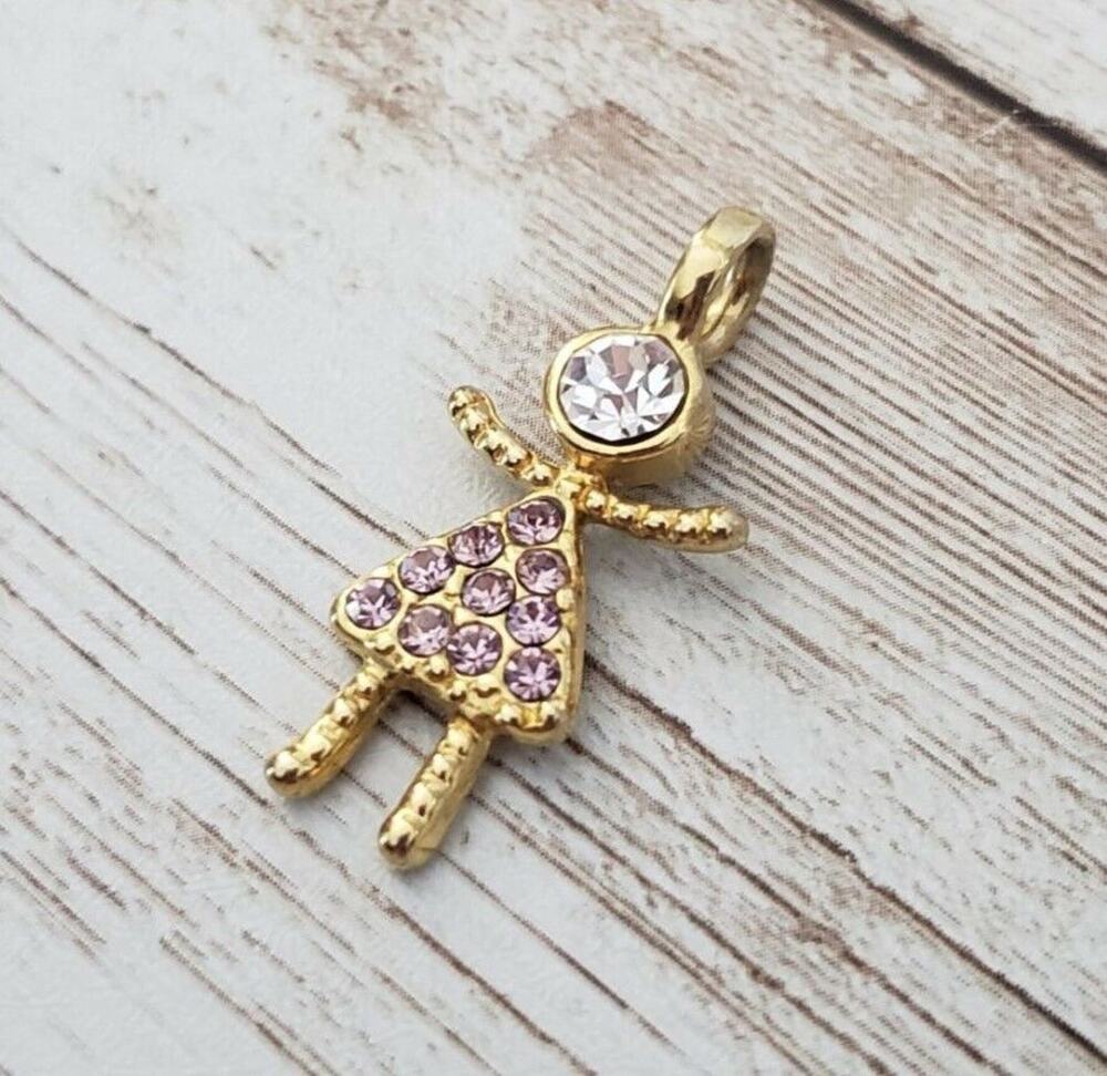 Vintage Pendant - Gold Tone Girl with Pink & Clear Gems - No Chain Included